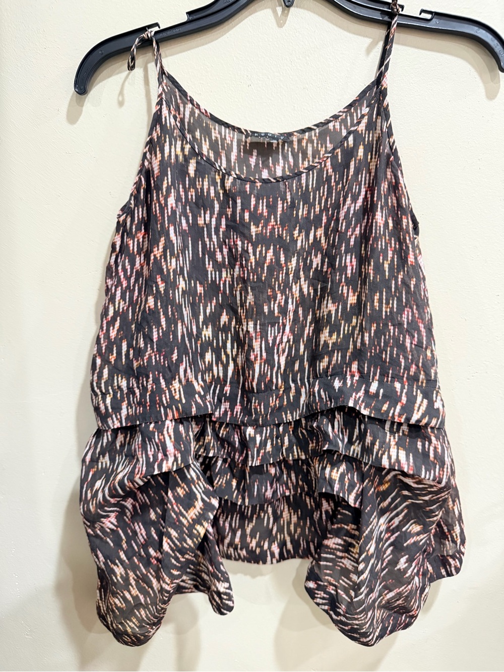 Theory Black Tiered High-Low Ikat-Style Skirt with Pink & Cream Accents